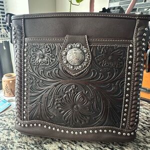 Tooled Floral Crossbody Bag with Concho Accent - Dark Brown - Gun Hoster
